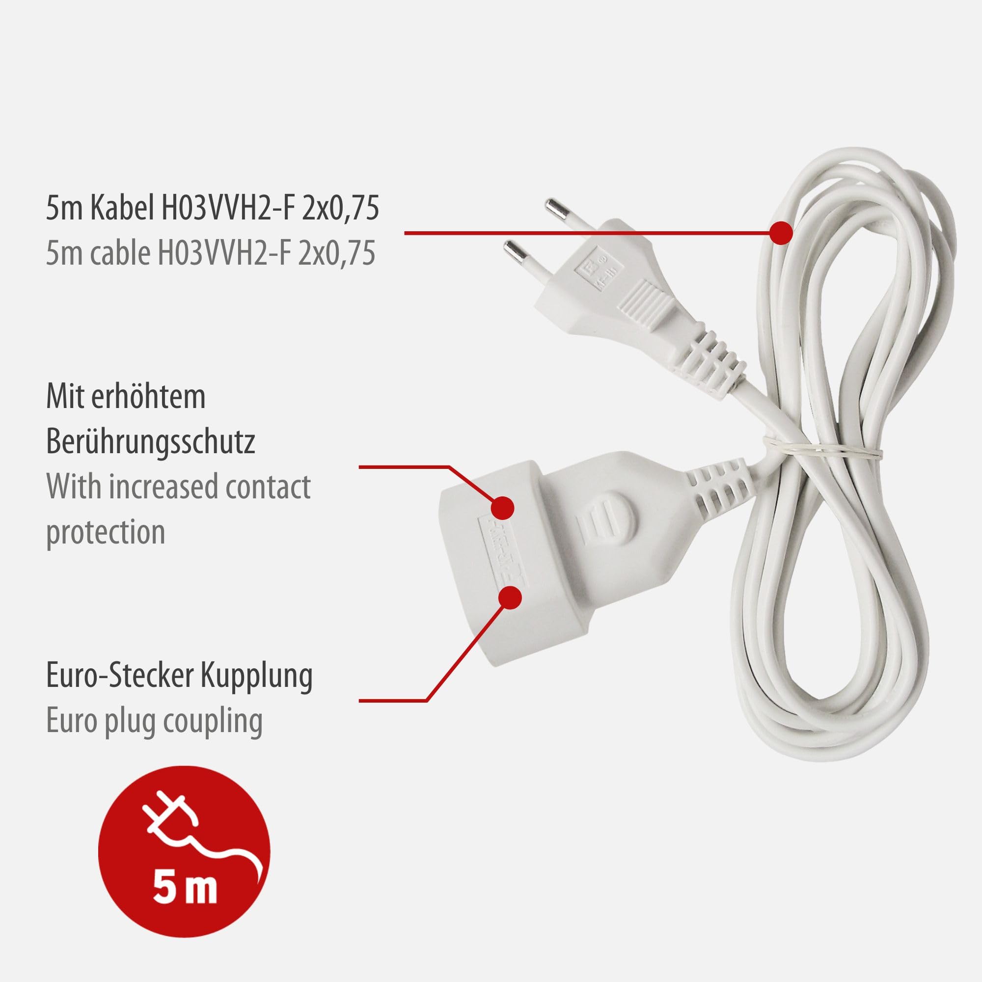 Brennenstuhl Kunststoff-Verlängerungskabel (Verlängerungskabel für den Innenbereich, 5m Kabel, mit Euro-Stecker und Kupplung) weiß 2