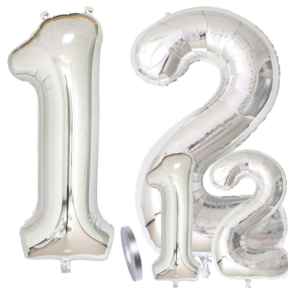 zooting Number 12 Birthday XXL Silver Giant Foil Balloon Figures in 2 Sizes 40 and 16 Inches Set XXL 100 cm + Mini 40 cm Version Birthday Decoration Four Numbers Ideal for 12th as Decoration