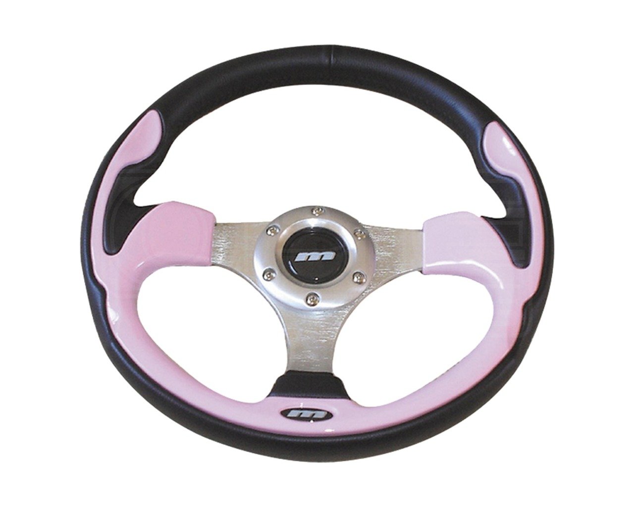 Mountney M32X3VV2S M Range Steering Wheel , Silver Anodised Center, 3 Spoke, Black Leather With Pink Style Inset, 320mm In Diameter