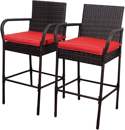 Amazon Com Sundale Outdoor 2 Pcs All Weather Patio Furniture Set Brown Wicker Barstool With Cushions Back Support And Armrest Red Garden Outdoor