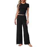 cheibear Womens Pajama Sets Knitted Short Sleeve Top Ruffled Long Wide Leg Pants Tracksuit 2 Piece Outfits Pj Lounge Sets