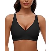 WOWENY Wireless Push Up Bras for Women Comfortable Ribbed Seamless Bralettes V-Neck Adjustable Padded Everyday Bra