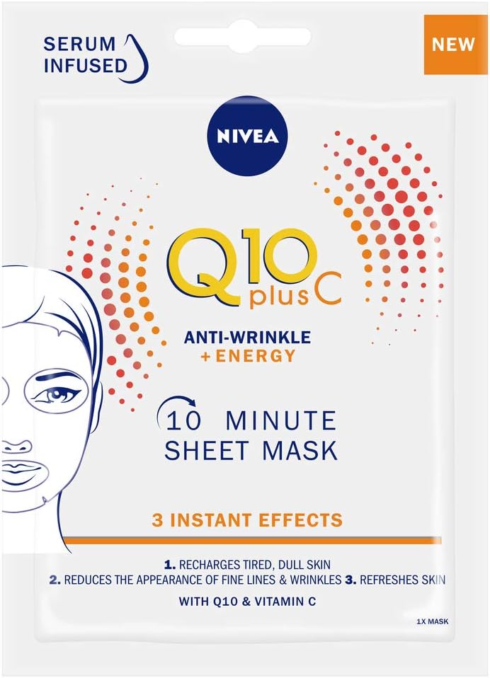 NIVEA Q10 + C Power Anti-Wrinkle + Energy Sheet Mask (1 Piece), Anti Ageing Moisturiser Mask with Vitamin C