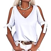 Veatzaer Women's Cold Shoulder Tops Short Sleeve V-Neck Casual Loose Cutout Summer Fashion Tshirts Blouse Shirts
