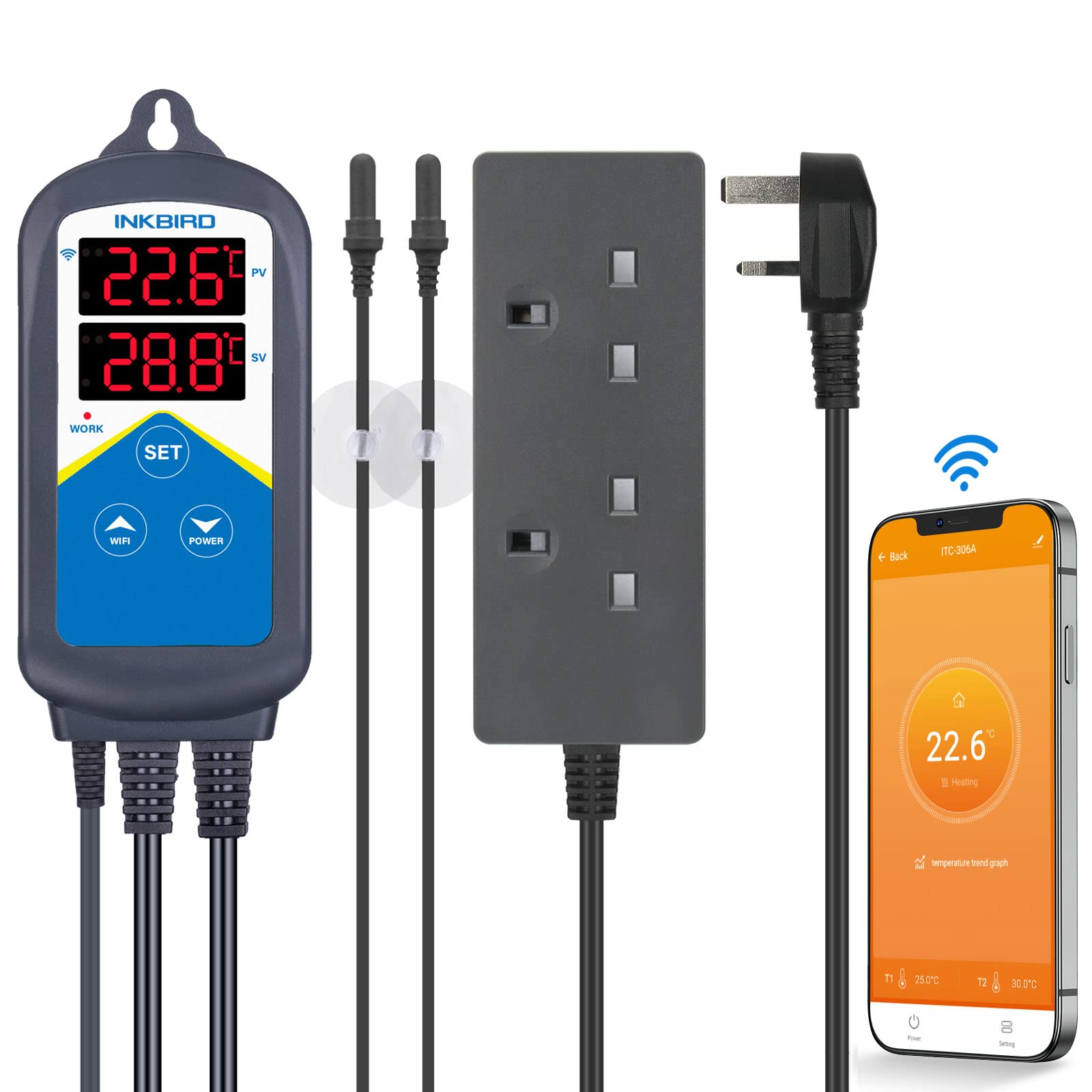 Inkbird ITC-306A-WiFi Aquarium Temperature Controller Aquarium Thermostats Fish heater thermostat with Dual Heating Socket for Marine Tank Fish Shrimp Tortoise（No Timer）