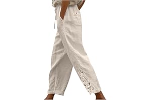 Lace Boho Linen Pants for Women 2026 Summer Lightweight Gauze Pants Elastic Waist Beach Travel Trousers with Pockets