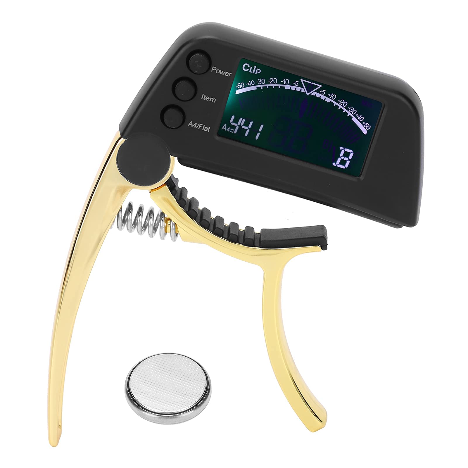 Clip On Guitar Tuner 2 in 1 Digital Chromatic Tuner for Acoustic Folk Electric Bass Guitars LCD Display (Golden)