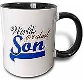 3dRose (mug_151320_4) Worlds Greatest Son - Best son in the world - blue text on white in sporty font for your little boy - Two Tone Black Mug, 11oz