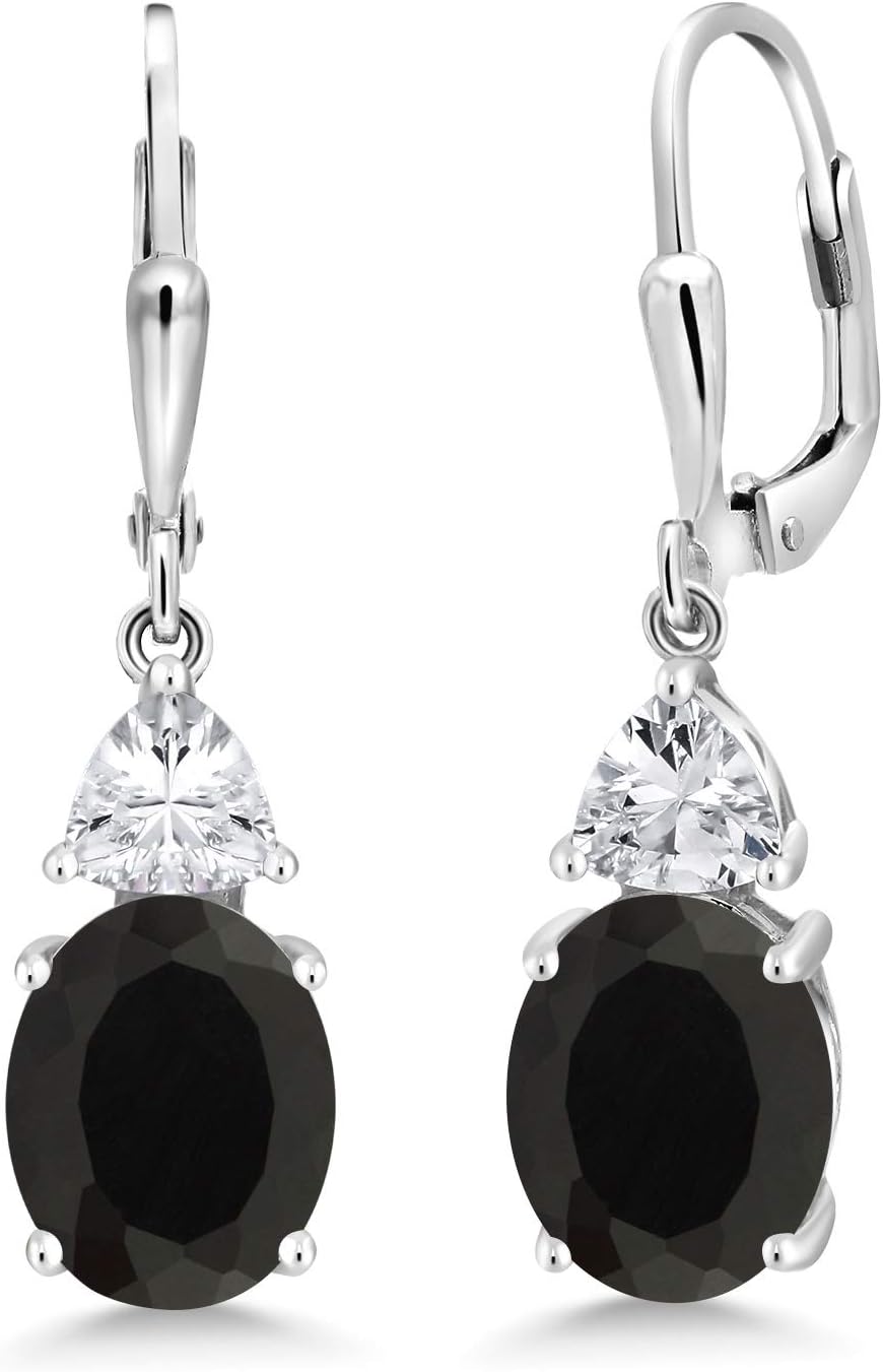Gem Stone King925 Sterling Silver Black Onyx and White Zirconia Dangle Earrings For Women (5.00 Cttw, Gemstone December Birthstone, Oval 10X8MM, Trillion 5MM)