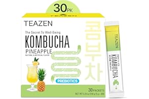 TEAZEN Pineapple Kombucha Tea, Hydration Drink Mix, Sugar Free, Live Probiotics & Prebiotics, 30 Sticks, 5.29oz