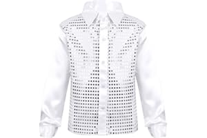 JEATHA Kids Boys Shiny Sequins Lapel Long Sleeve Hip Hop Jazz Latin Dance Shirts Stage Performance Costume