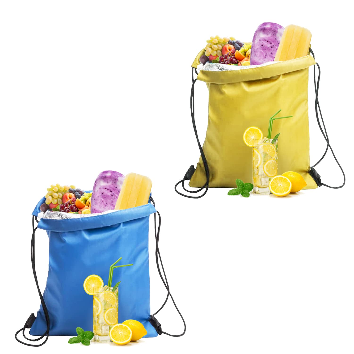 2 Pack Insulated Lunch Bag, Insulated Drawstring Bag, Waterproof, Foldable, Aluminum Cooler Bag, Mini Lunch Bag for Work, School, Travel (Sky Blue, Yellow)