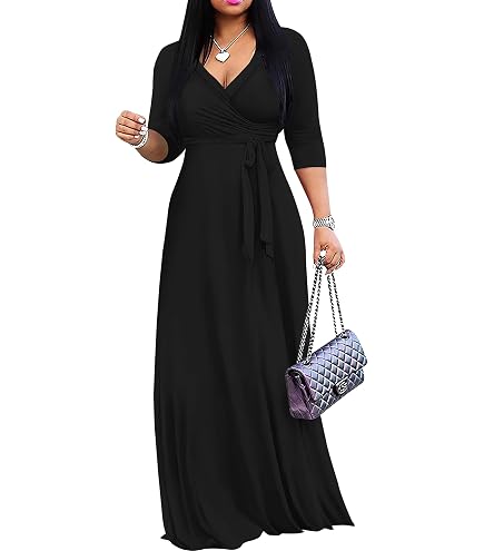 3 4 sleeve plus size maxi dress PinkPatty for Women 3/4 V Neck Long Dress Casual Wrap Sundress with Belt(S A-Black Yellow Abstract Wave) at Amazon Women's Clothing store Maternity_Gown_Dress in sleeve is fully Soft, sculpted, and made Color:Organe-White