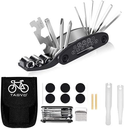 TOSKOU 16 en 1 Kit de Herramientas para Bicicleta, Conjunto de Reparación de Bicicletas Bolsa de Bicicleta de Múltiples Funciones de Herramientas Llave Hexagonal, Llave de Palanca, Parche de Neumáticos, Kit de Herramientas para Reparación de Bicicletas