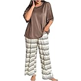 WDIRARA Women's Plus Size 2 Piece Pajama Set Crew Neck Half Sleeve Sleepwear Striped Pants PJ Set