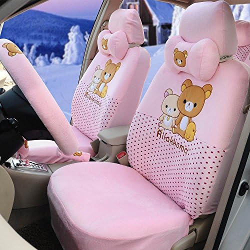 18pcs car seat cover universal women cartoon comfortable car front and rear seat covers steering wheel cover (pink)