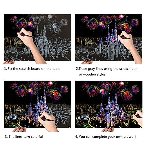 Scratch Paper Rainbow Painting Sketch Pads DIY Art Craft Night View Scratchboard for Adults and Kids - 4 Packs, 16 X 11.2 Inches