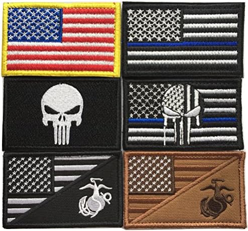 Bundle 6 pieces Full color USA American Thin Blue Line Police Flag Marine Corps Usmc Black Ops Tactical Fully Embroidered Morale Tags Patch