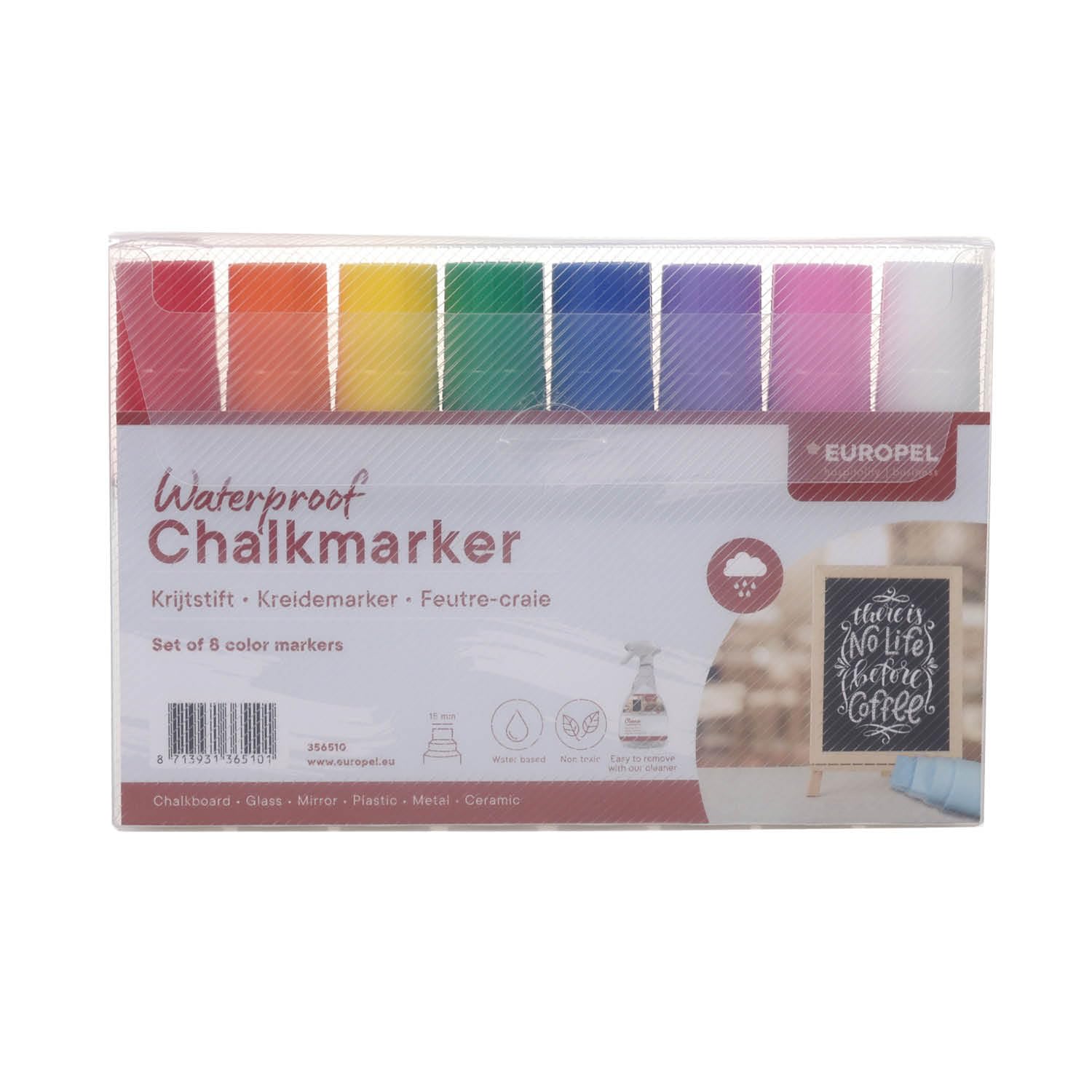Europel Liquid Chalk Markers Set of 8 Colours, 15 mm Jumbo Tip, Water Resistant Chalk Pens for Chalkboards Windows Glass Signs, Wet Wipe Markers for Hospitality Retail Office