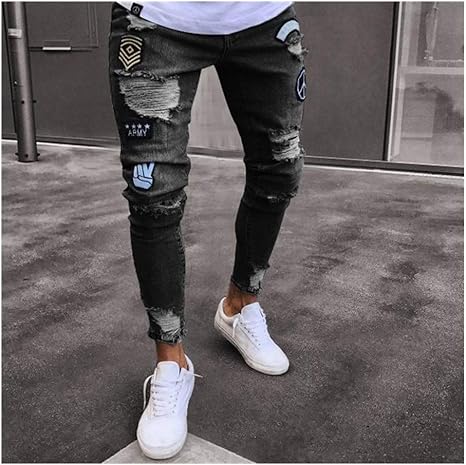 Amazon Co Jp メンズホール刺繍ジーンズスリムメンズパンツ薄い夏のデニムパンツカウボーイズ若い男性黒青 Color Gray Size Xxl ホーム キッチン