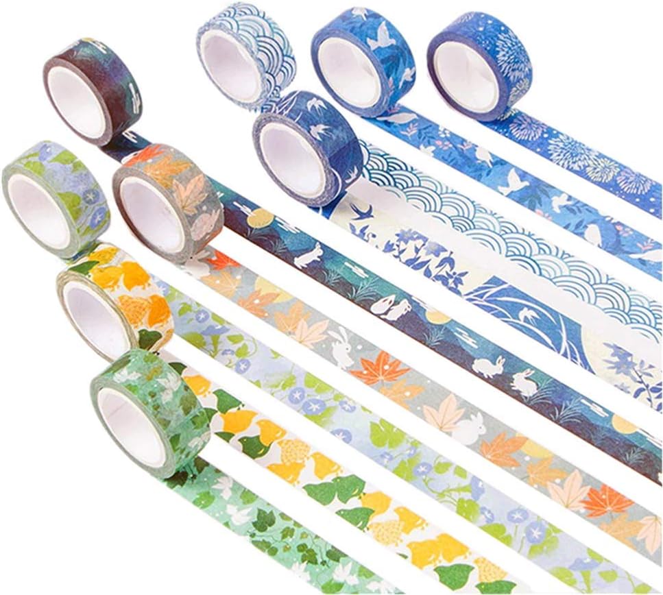 Kyoto Style Masking Washi Tape Set | 9 Rolls | 0.6 Inch (15mm) Wide | for Scrapbooks, Photo Frames, Bullet Journals, Arts and Crafts. (Prosperous Summer Package)