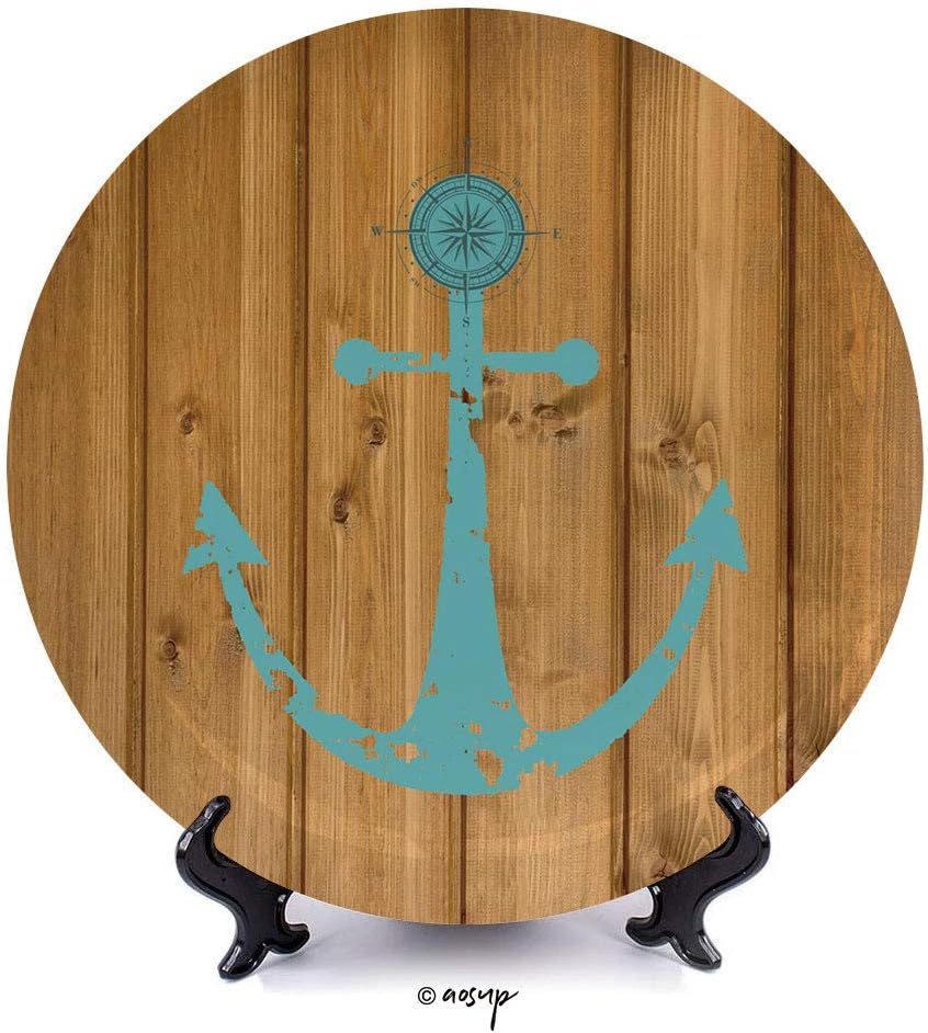 №00646 10" Dinner Plate/Nautical Decor with Compass On Rustic Wooden Planks Marine Maritime Sea Ocean Coastal Antiqued Aged Decor/Decorative Ceramic Decorative Plates,Dining Table Tabletop Home Dec