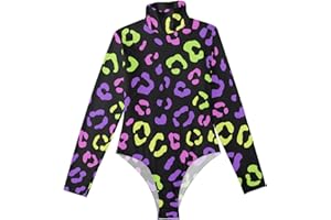 Amooorous Neon Purple Pink Leopard Pattern long sleeve Bodysuit for Women Mock Turtle Neck Shapewear Bodysuits for Women