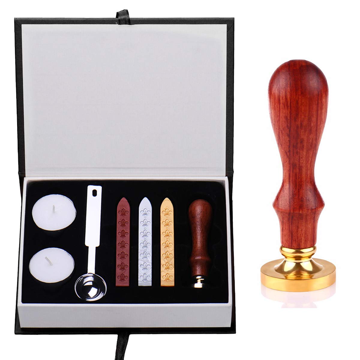 Hogwarts Magic School Sealing Wax Set, Seal Stamp & Spoon Kit for Letter Gift Hp Fans Hogwarts Themed Party (1 Wooden Handle Seal + 3 Retro Waxes + 1 Spoon + 2 White Wax)