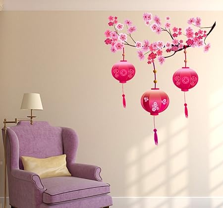 Decals Design Chinese Lamps Lantern on Floral Branch Wall Sticker (PVC Vinyl, 90 cm x 60 cm, Multicolour)