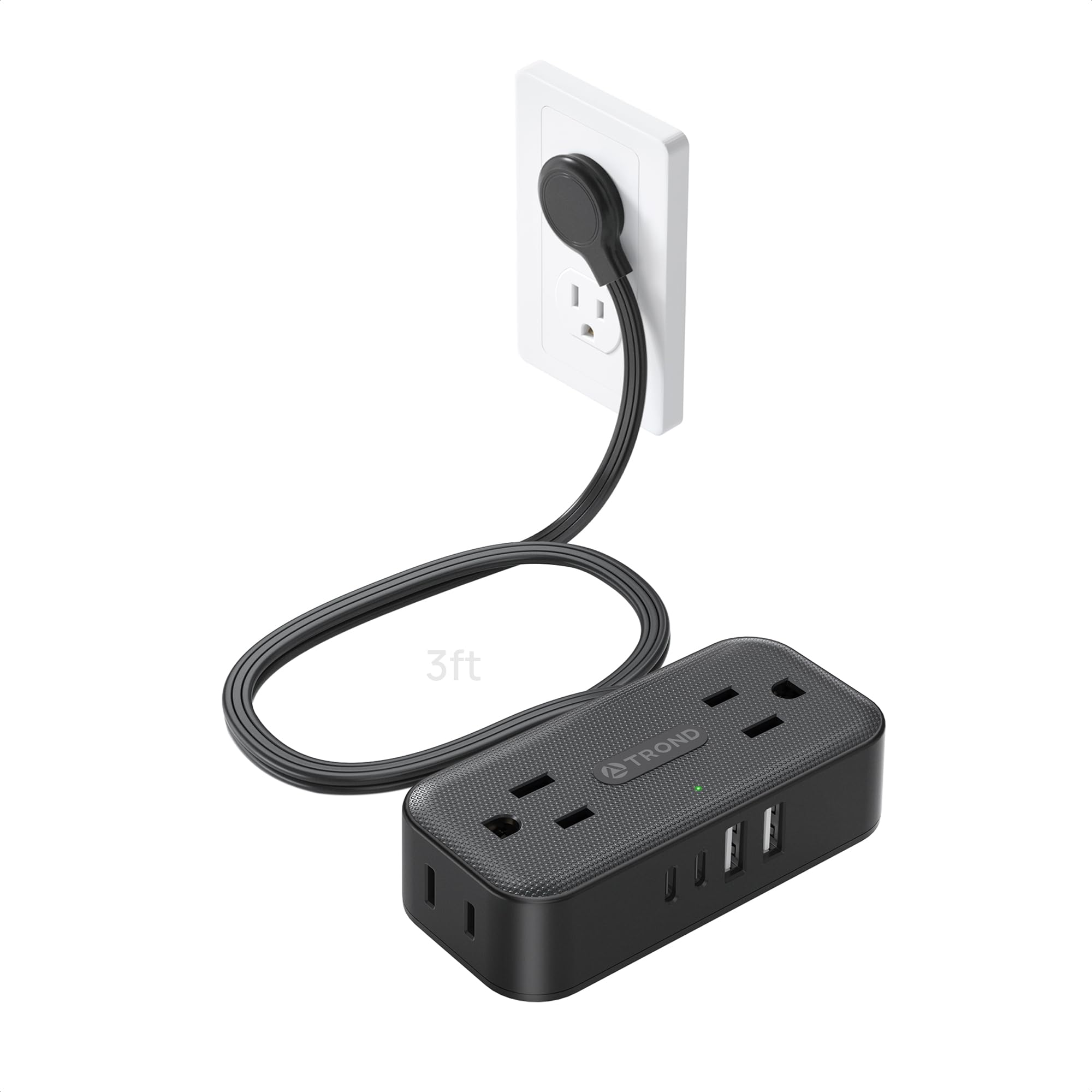 TROND Flat Plug Power Strip, Small Extension Cord 3ft, 4 AC & 4 USB, Black