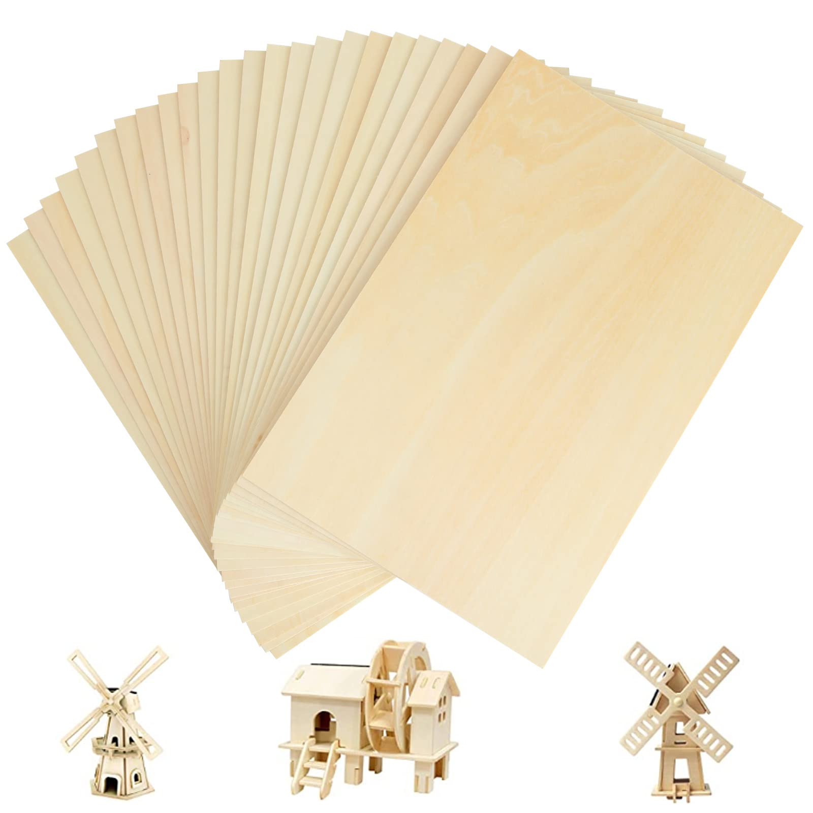 LOLYSIC 24Pcs 300 x 200 x 1.5mm Plywood Sheets, A4 Unfinished Basswood Sheets for Craft, Natural Rectangle Blank Wood Boards Thin Wood Sheets for Laser Engraving Craft DIY Mini House Building Modeling