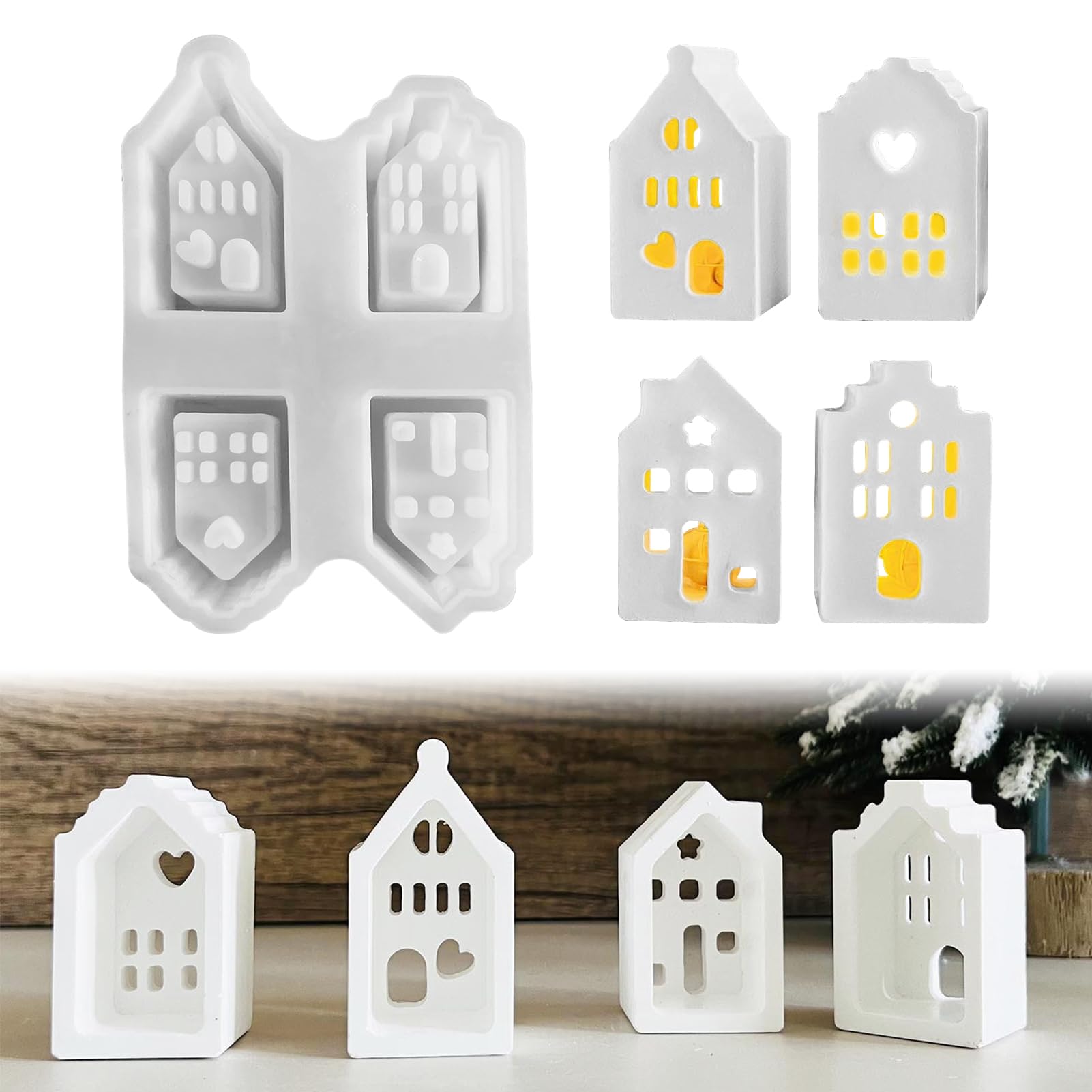 Silicone Moulds Casting Moulds Houses Casting Moulds Silicone for 4 Different Mini House Silicone Mould Christmas Silicone Mould House for Casting, Mini House Casting Moulds Silicone for DIY Light