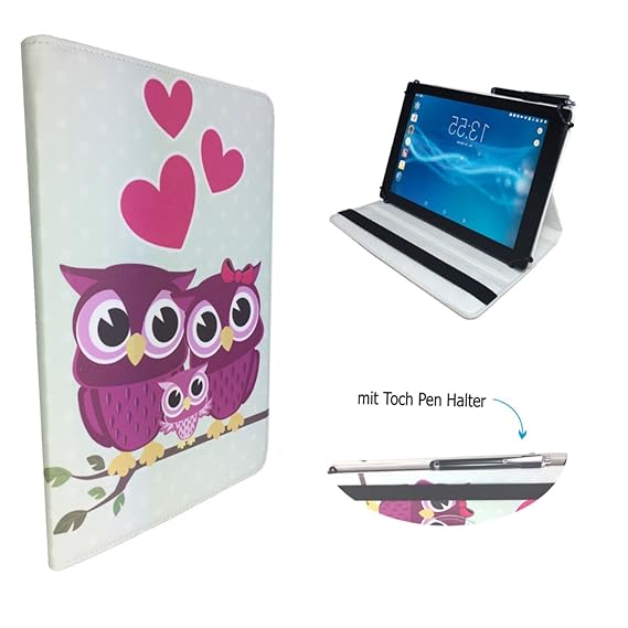 Case Cover für IONIK Global Tab L1002 Tablet Schutzhülle Etui mit Touch Pen & Standfunktion - 10.1 Zoll Liebe Eulen 360°