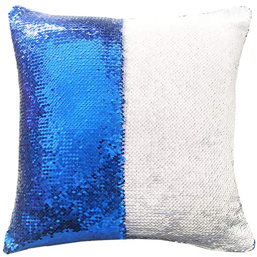 URSKYTOUS Reversible Sequin Pillow Case Decorative Mermaid Pillow Cover Color Changing Cushion Throw Pillowcase 16" x 16",White and Dark Blue
