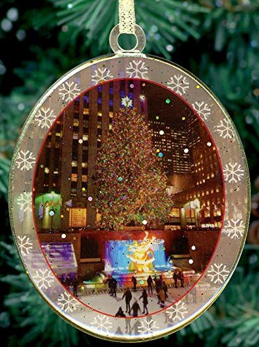 Rockefeller Center Christmas Night Ornament - Christmas in New York Collection, 2.5x3 Inch Double-Sided Metal Plate with Epoxy & Glitter, Gold Hanging Thread, Red Gift Box