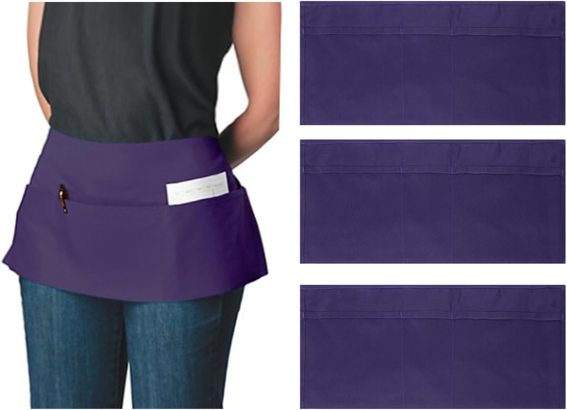 Ataly 3 Pack 3-Pocket Canvas Waist Aprons for Women & Men Bulk Set Short Waitress Waiter Server Half Apron