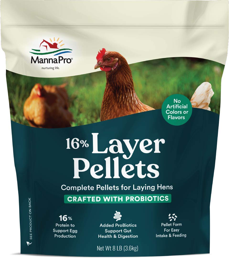 Photo 1 of Manna Pro Layer Pellets Chicken Feed, 16% Protein Complete Feed for Laying Hens with Probiotics for Digestive Health, Nutrient-Rich Chicken Food Pellets for Egg Production, Made in USA, 8 lb Bag
