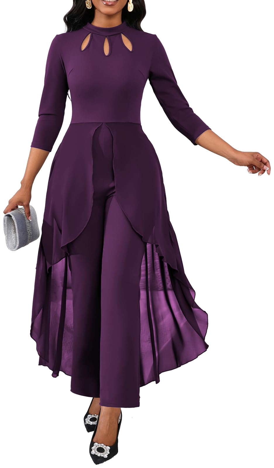 Photo 1 of VisiChenup Purple Jumpsuit for Women Elegant Mock Neck Long Sleeve Flowy Skinny Long Pantsuits Romper for Evening Party
