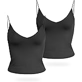 Amilia Women's Basic Solid Deep V Neck Cami Spaghetti Double Layer Crop Tank Tops Casual Shirts