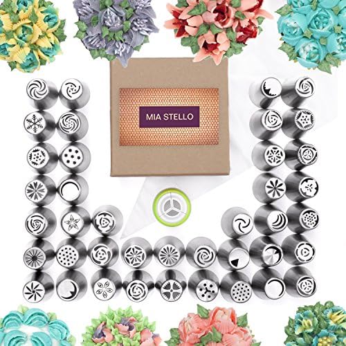 Mia Stello Russian Piping Tips | 91 Piece Cake Decorating Set, Excellent Tool Set For Easy &amp; Beautiful Decoration Of Cake &amp; Cupcake, 40 Frosting Nozzles For Unique Designs, Enhance Decorating Skills