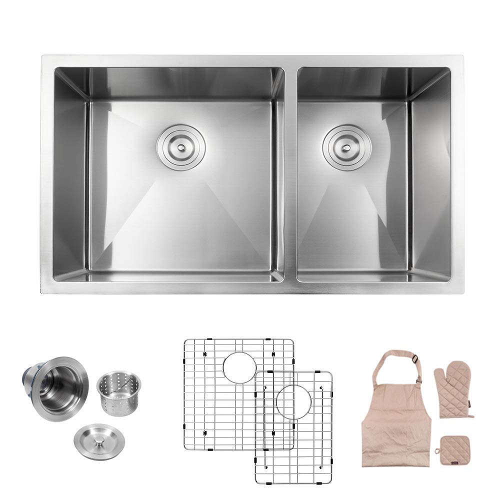 LORDEAR LU3219R2 Modern 32" x19" 10 Inch Deep 16 Gauge Stainless Steel Undermount 60/40 Double Bowl Kitchen Sink