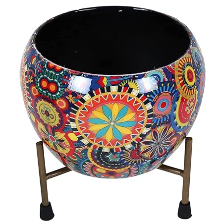 Kraft Seeds Presents Compact 5 Inch Metal Stylish Printed Planter with Tripod Metal Stand for Home and Garden Use.