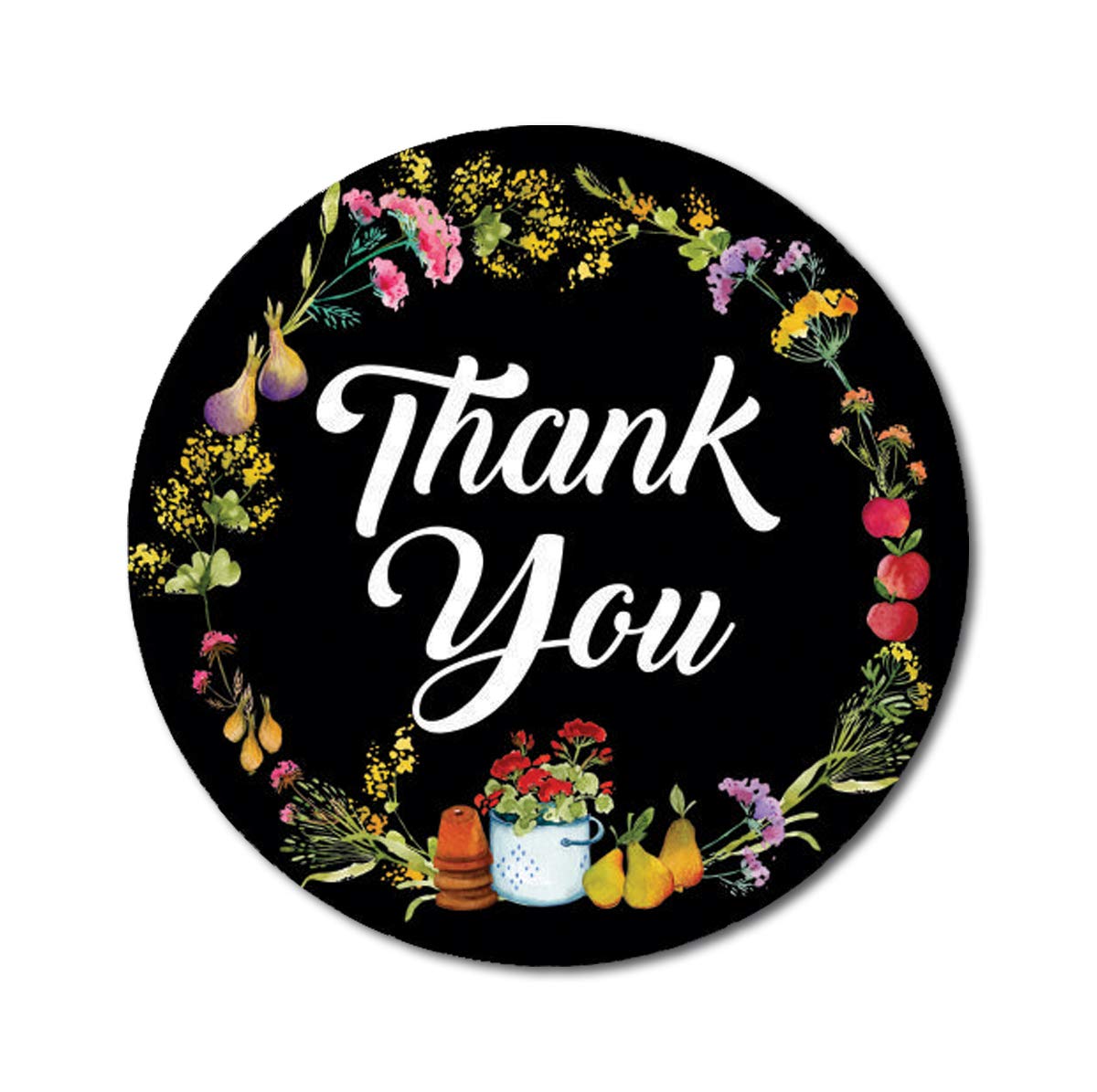 Darling Souvenir Black Floral & Fruit Wreath 1.6 Inches Round Personalized Thank You Stickers-45 Pcs