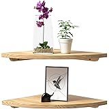 Wood Corner Shelf Set of 2, Rustic Corner Floating Shelves, Round Wall Mounted Hanging Corner Shelving for Bathroom, Bedroom,