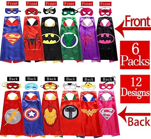 Sholin Superhero Dress up Costumes 6 Double-Sided Design Satin Capes with 12 Felt Masks for Boys and Girls