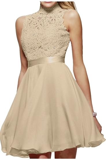 Milano Bride Damen Liebling Stehkragen Spitze Promkleider Abendkleider Heimkehr Kleider Chiffon A-Linie Kurz Ballkleider