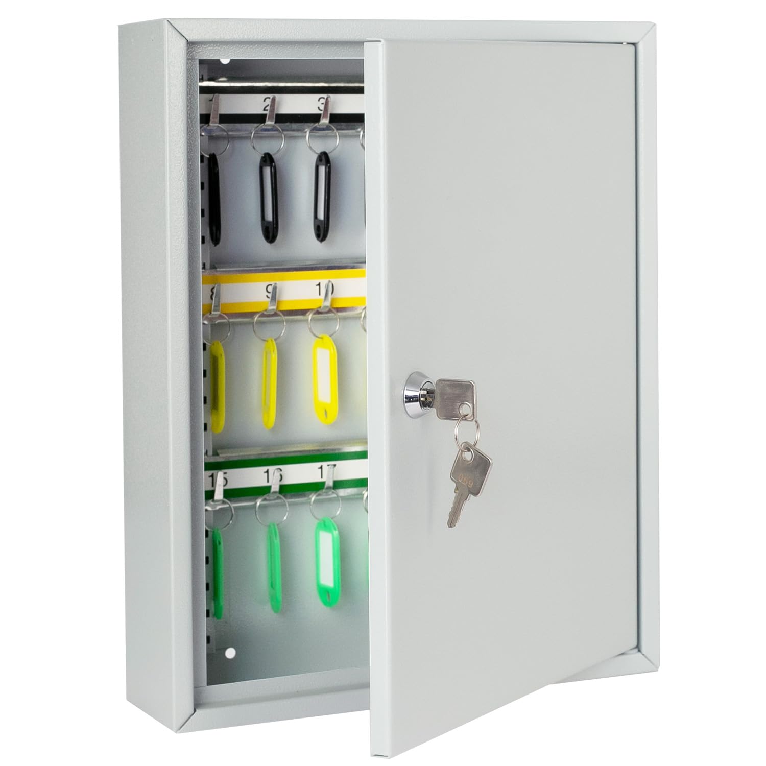 HMF Steel key cabinet, lockable key box for office, administration or fleet management | 42 key hooks | 35 x 27 x 8 cm | light grey