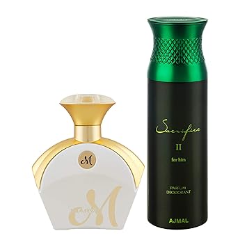 Maryaj M White for Her Eau De Parfum Floral Fruity Perfume 90ml for Women and Ajmal Sacrifice II for Him Deodorant Fruity Aromatic Fragrance 200ml for Men + 2 Parfum Testers FREE
