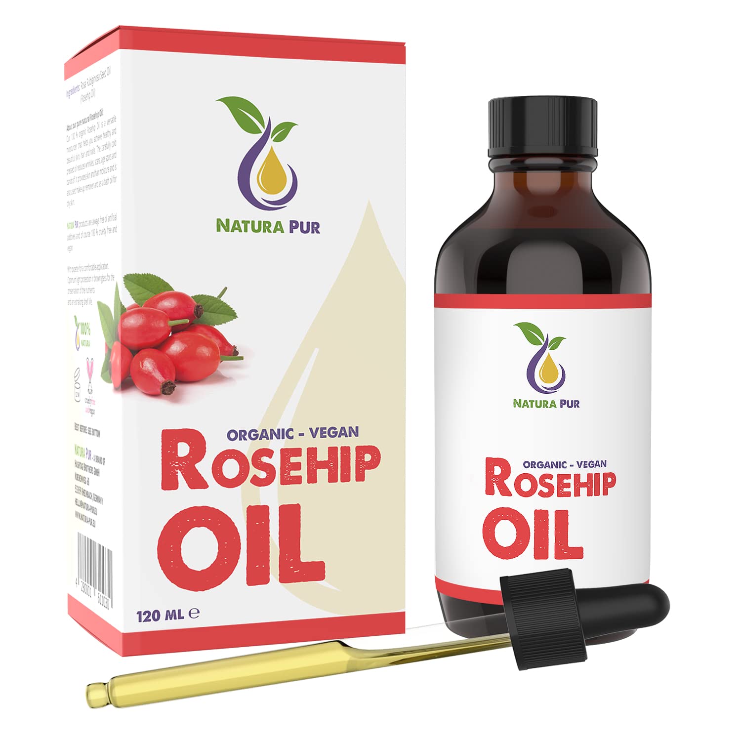 Rosehip Oil 120ml - 100% organic, cold pressed, vegan - Anti-aging Rose Hip Seed Oil for face, skin, body, hair, hands