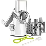 Ourokhome Rotary Cheese Grater Shredder - 3 Drum Blades Manual Vegetable Slicer Nut Grinder with Vegetable Peeler and Cleanin